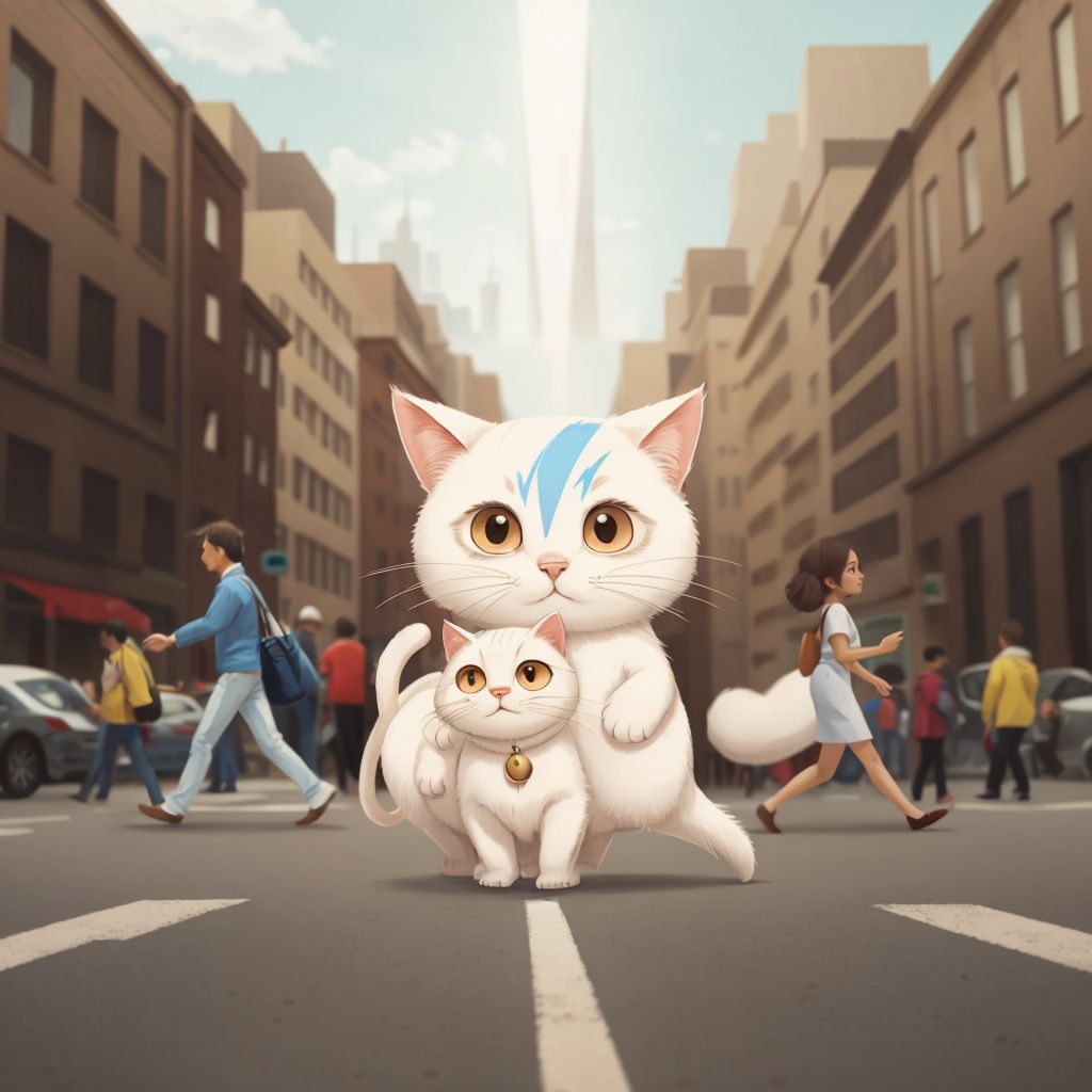 Bowie the Cat with white fur and a David Bowie flash on his face, wandering the busy streets of London. Tall buildings and bustling people in the background.