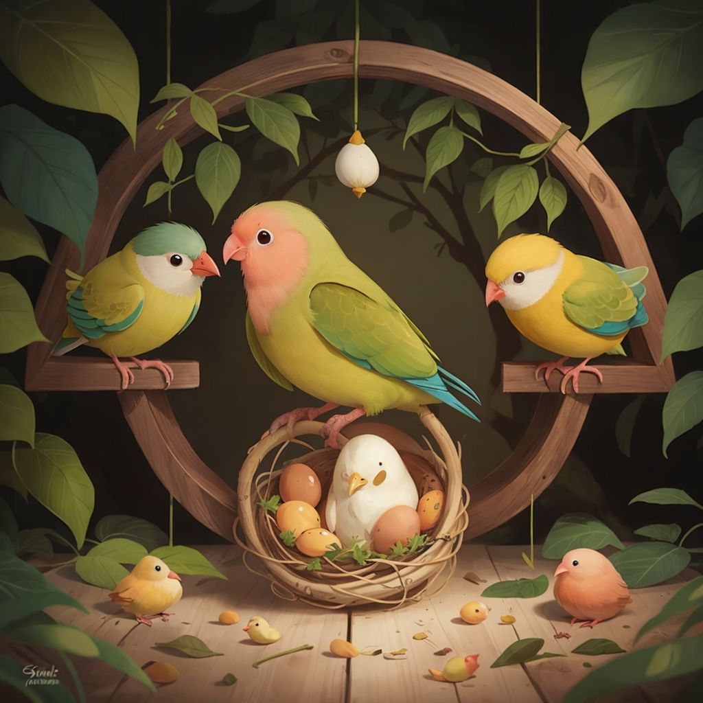 Peaches looking curious and hopeful, gently caring for a large egg in her nest, a bright yellow chick peeking out, surrounded by other birds in a loving environment