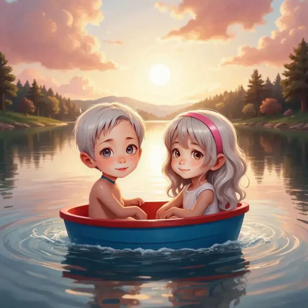 Isaac and Zoe in a bright blue and red paddle boat on a sparkling lake under a setting sun