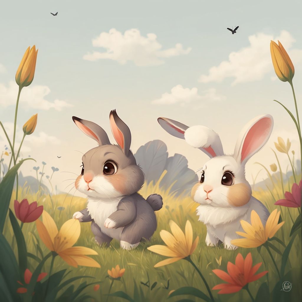 Bunny and Runny playing tag in a sunny meadow with flowers and tall grass