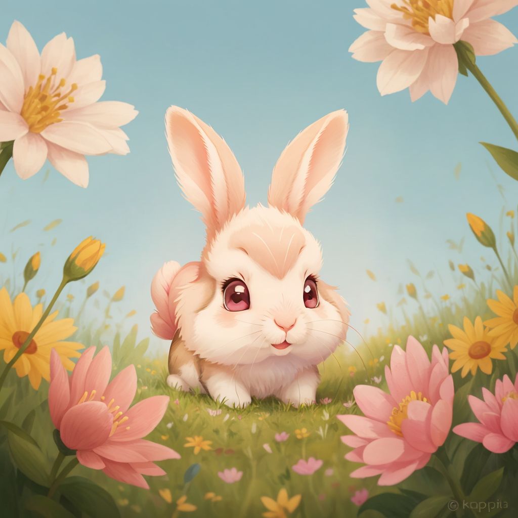 Bonnie Bunny with a big, happy smile hopping in a sunny meadow with bright flowers and a gentle breeze.