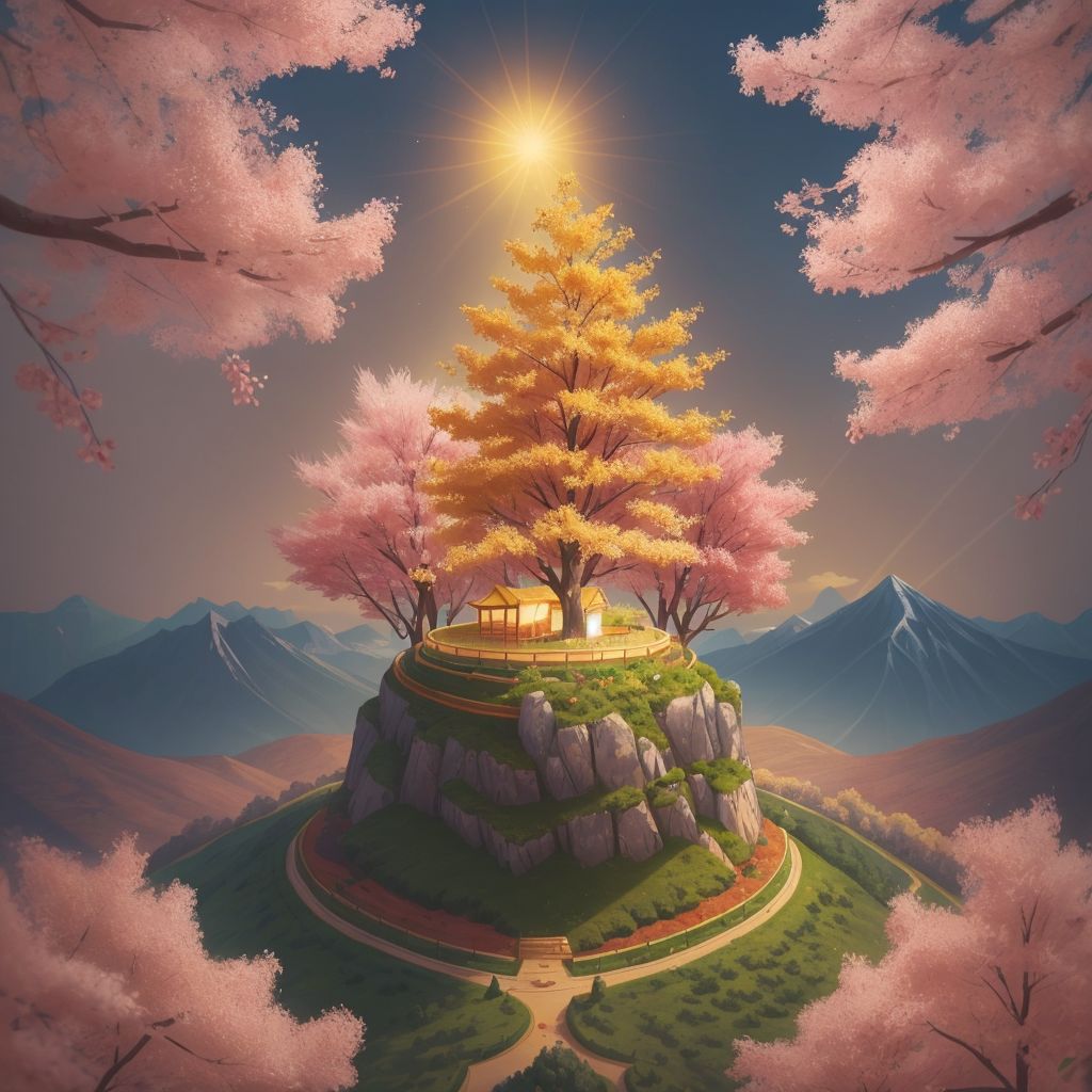 cherry blossom in full bloom with golden leaves atop a mystical mountain with a breathtaking view of the nearby mountain ranges