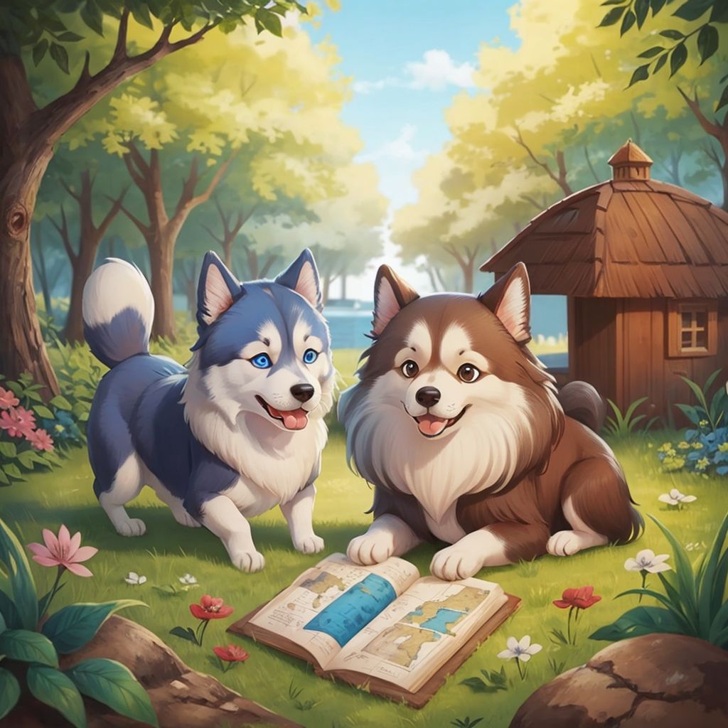 Bear and Lilja examining an old weathered map with a red X mark in a sunny garden. Bear's tail raised in excitement.