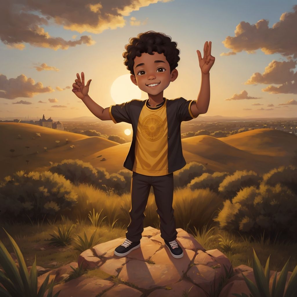 Prince Kofi standing on a hill with the savannah and setting sun in the background, looking thoughtful.