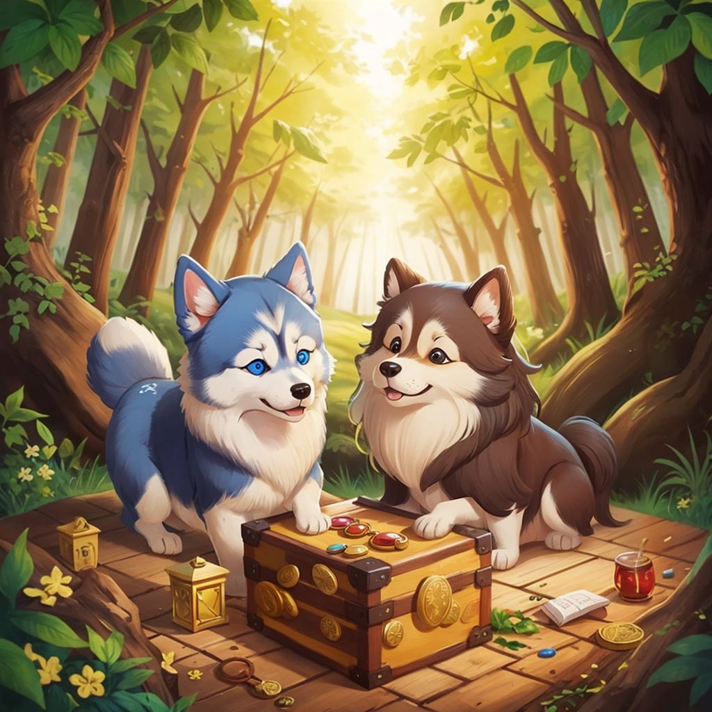 Bear and Lilja standing over an open wooden treasure chest filled with gold coins and colorful jewels in a forest clearing.