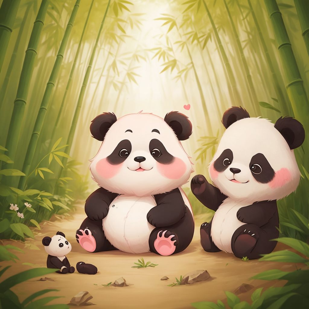 Polly Panda, rosy cheeks, sad, listening to her mama, big, chubby, fluffy, smiling, in a bamboo grove