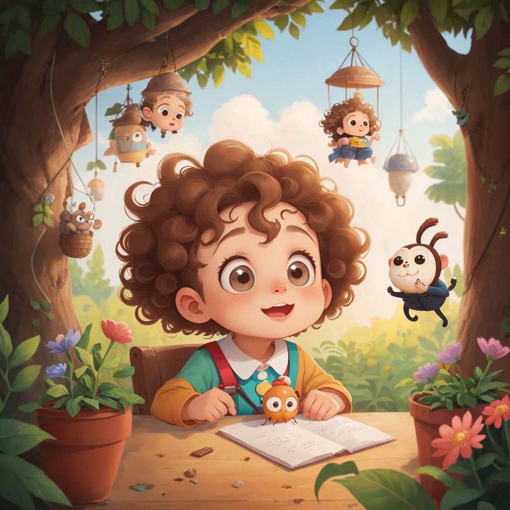 A Boy with curly hair exploring a garden with a well-loved stuffed Monkey with button eyes, looking at insects and flowers.