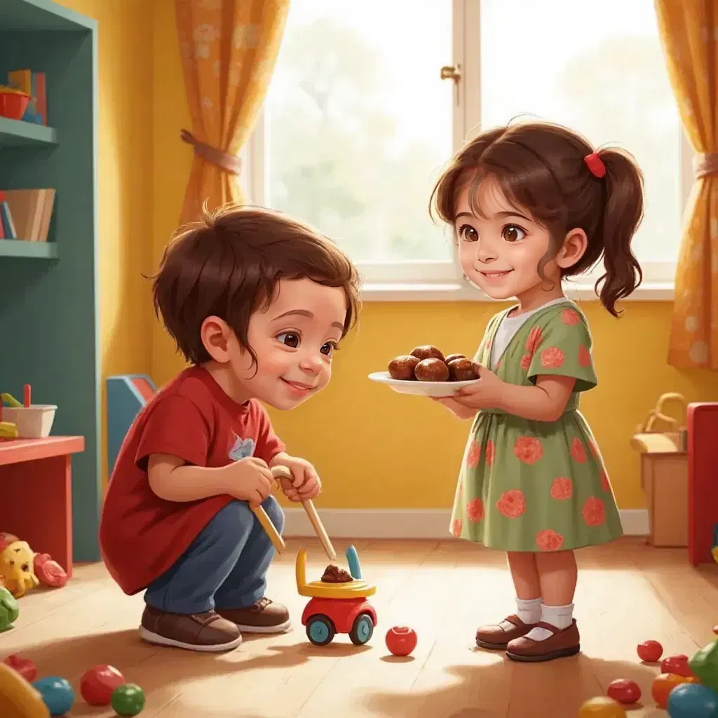 Omar playing alone with his toy in the playroom, Dina watching from a distance with her plate of dates. Dina is wearing the same dress with pigtails. Omar head smaller than dina's