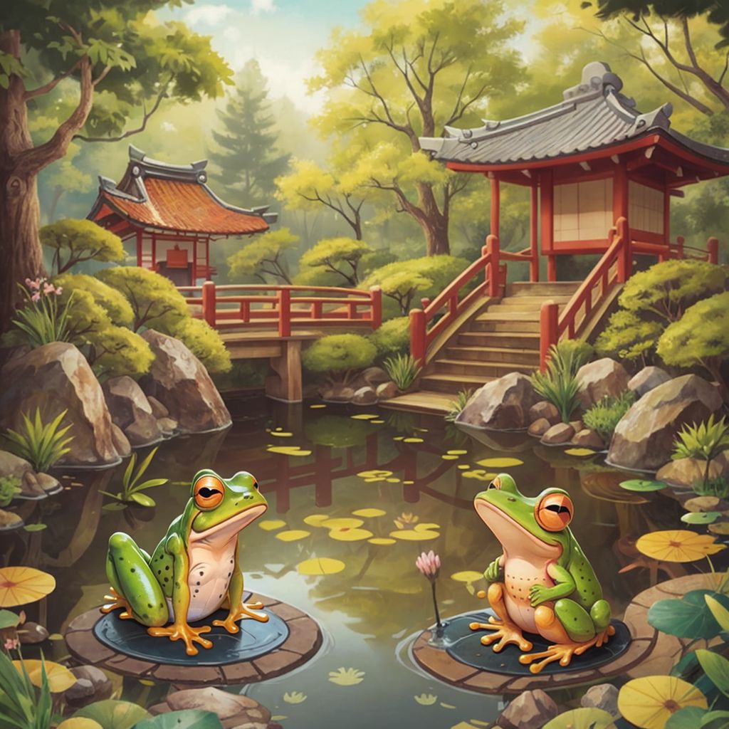 A beautiful Japanese garden with a pond, Frog 1 and Frog 2 sitting by the water> akuta kun is watching them