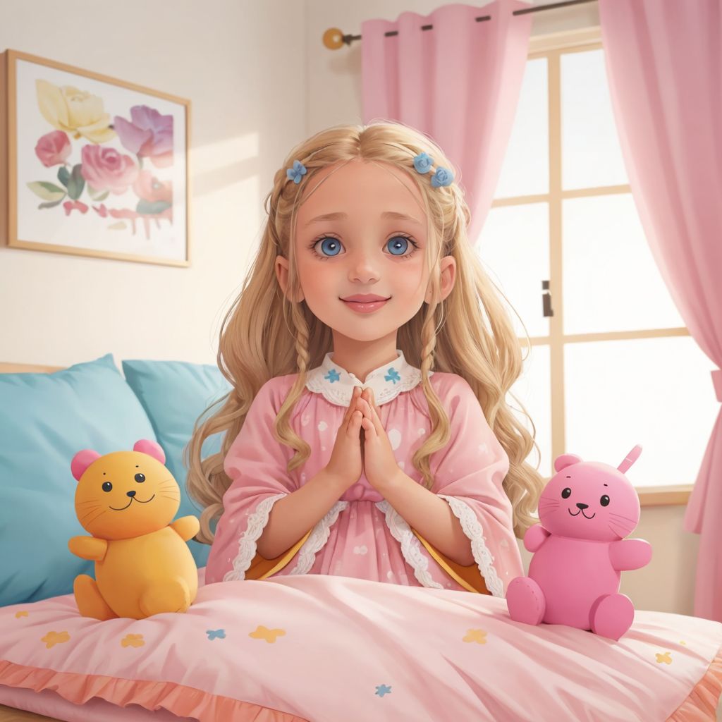 Аліса clapping her hands excitedly, surrounded by soft blankets and colorful toys