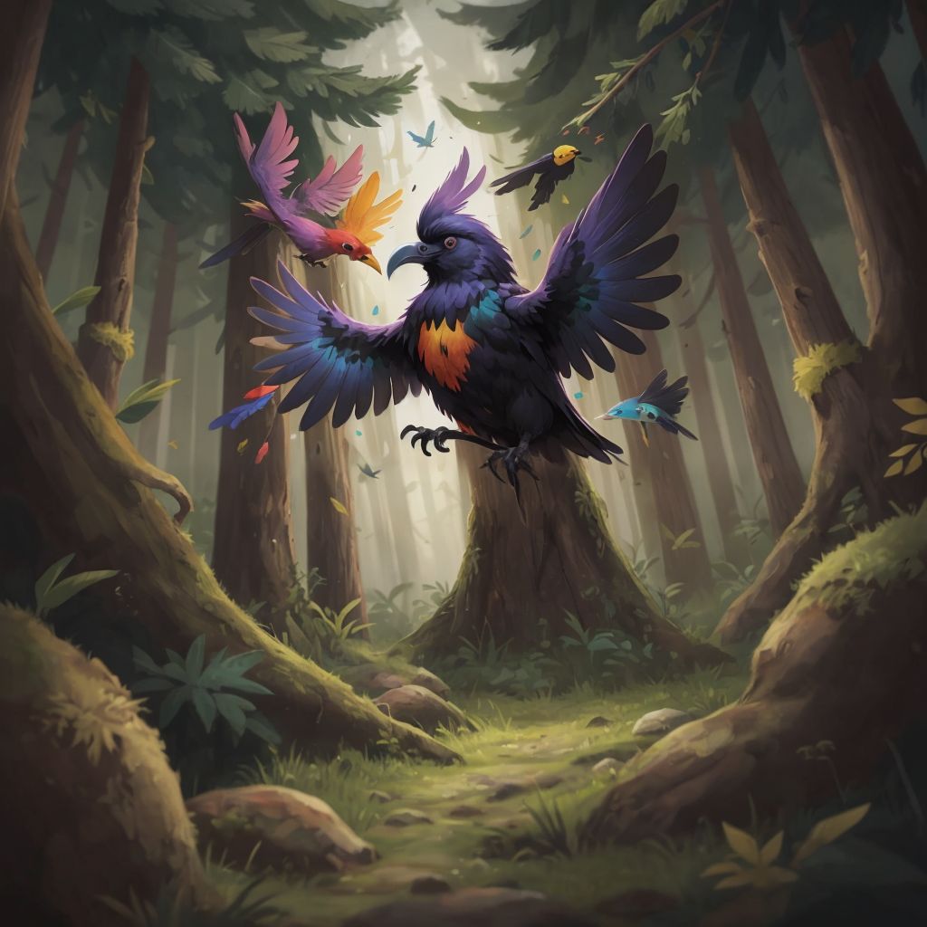 THE MULTICOLORED RAVEN flying happily above his forest home, his colorful feathers shining brightly