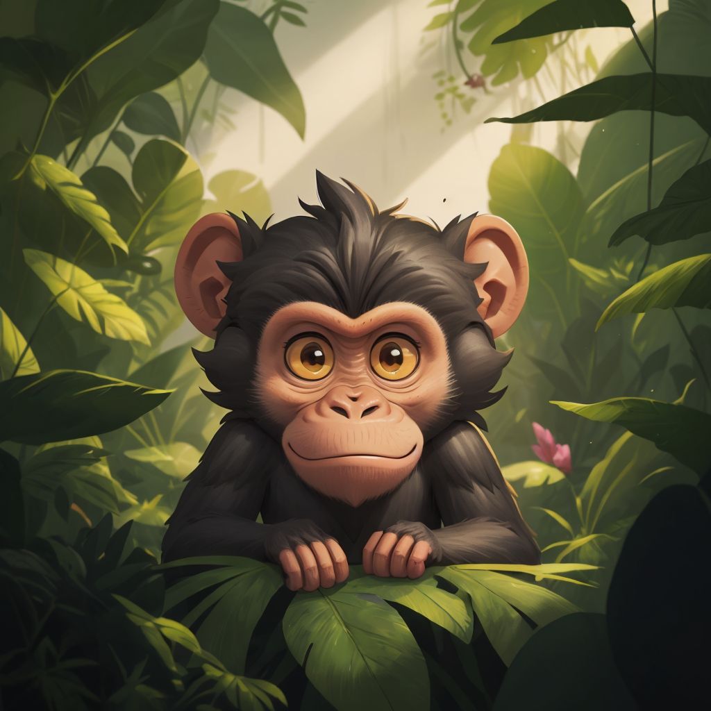 Max the black monkey with a mischievous grin, surrounded by lush green jungle and bright sunlight