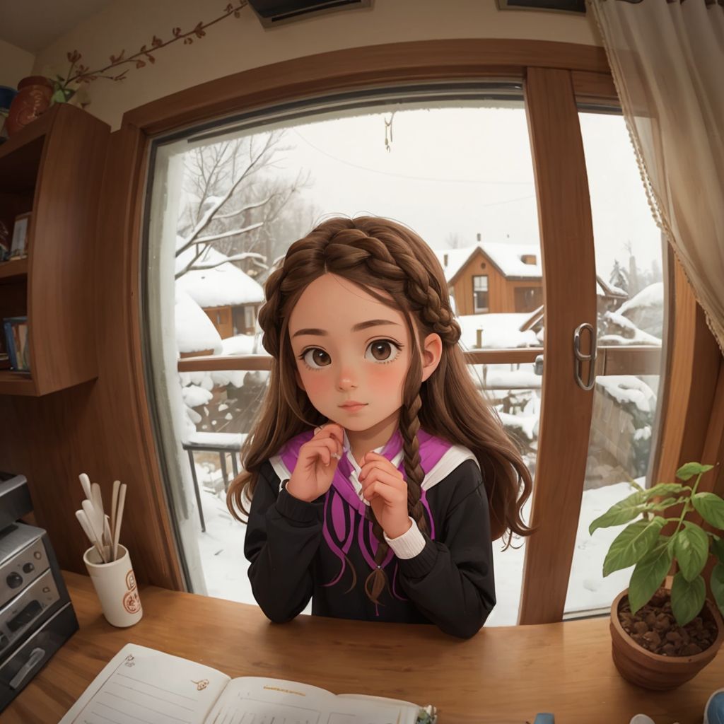 Charli looking out a winter window with a dreamy expression, her braided hair reflecting the warm indoor light. Snow visible outside.