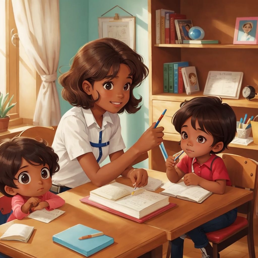 Alex's Mom and Dad sitting with Alex at a table, showing her school supplies with smiles