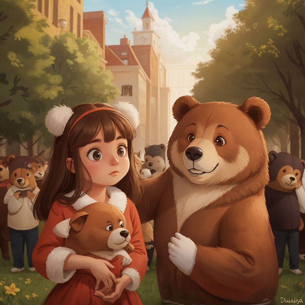 Duda the bear and The mom bear standing on a lively street with music and laughter, Duda pointing at dancers and floats