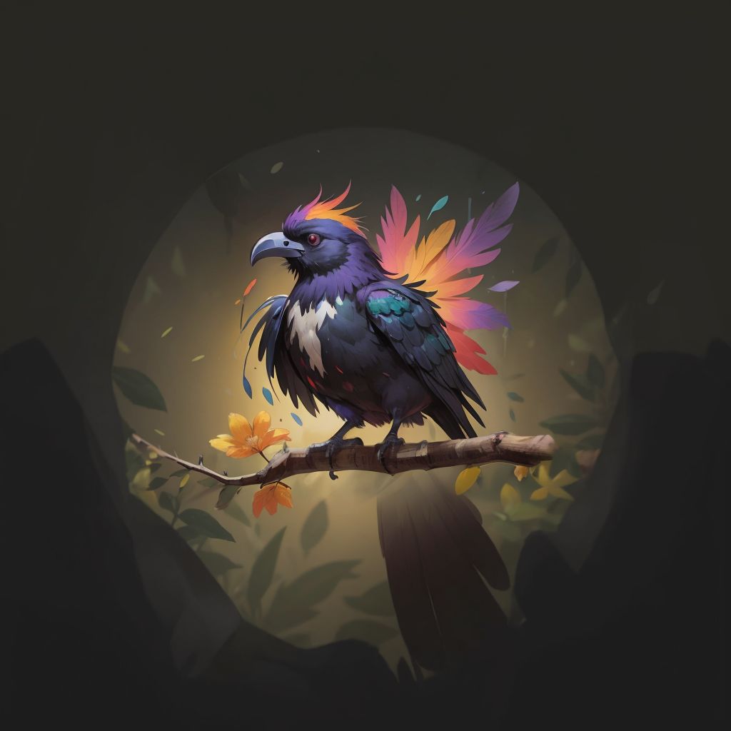 THE MULTICOLORED RAVEN perched on a branch, his feathers gleaming in the morning sunlight after the storm