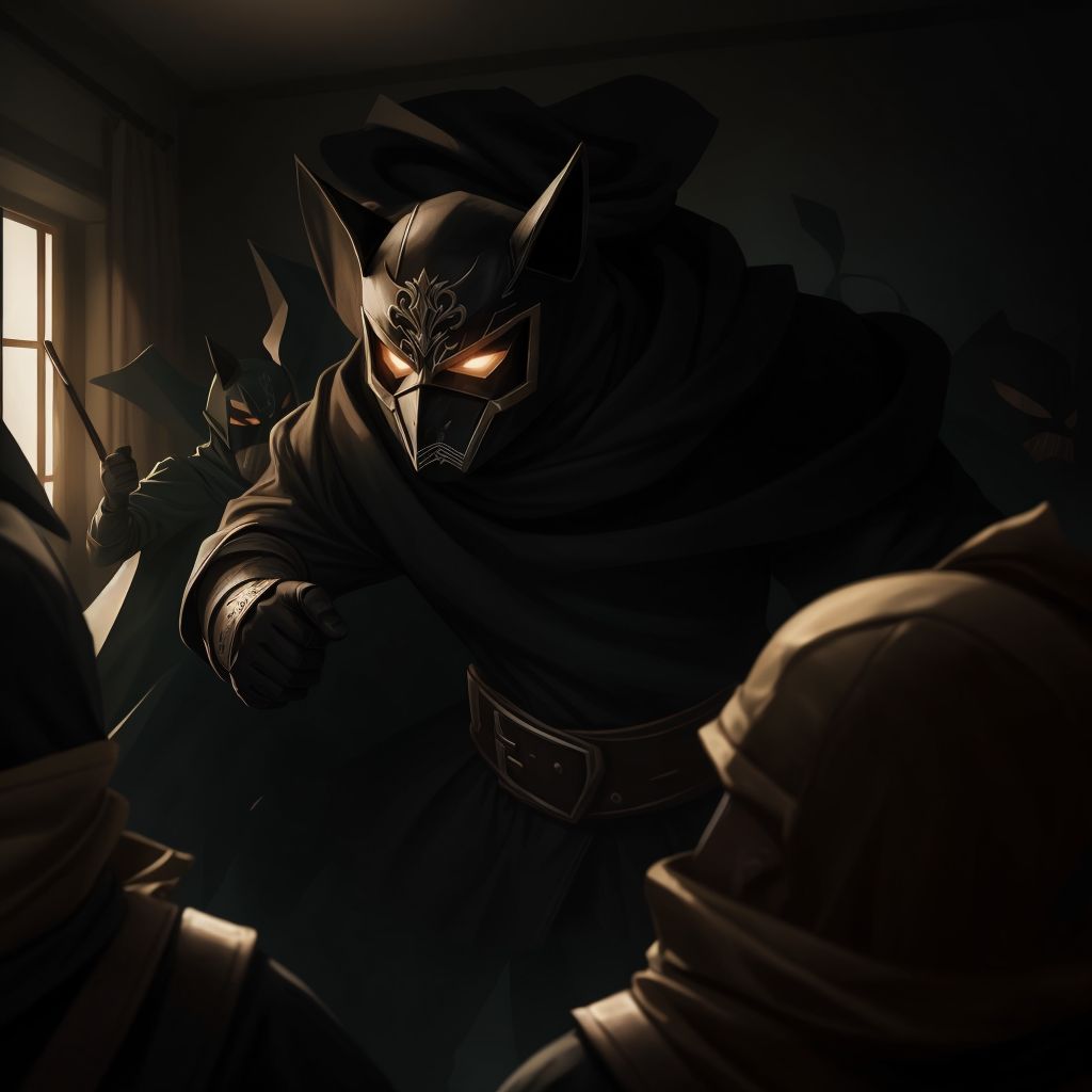 A masked figure attacking the group in a dimly lit room