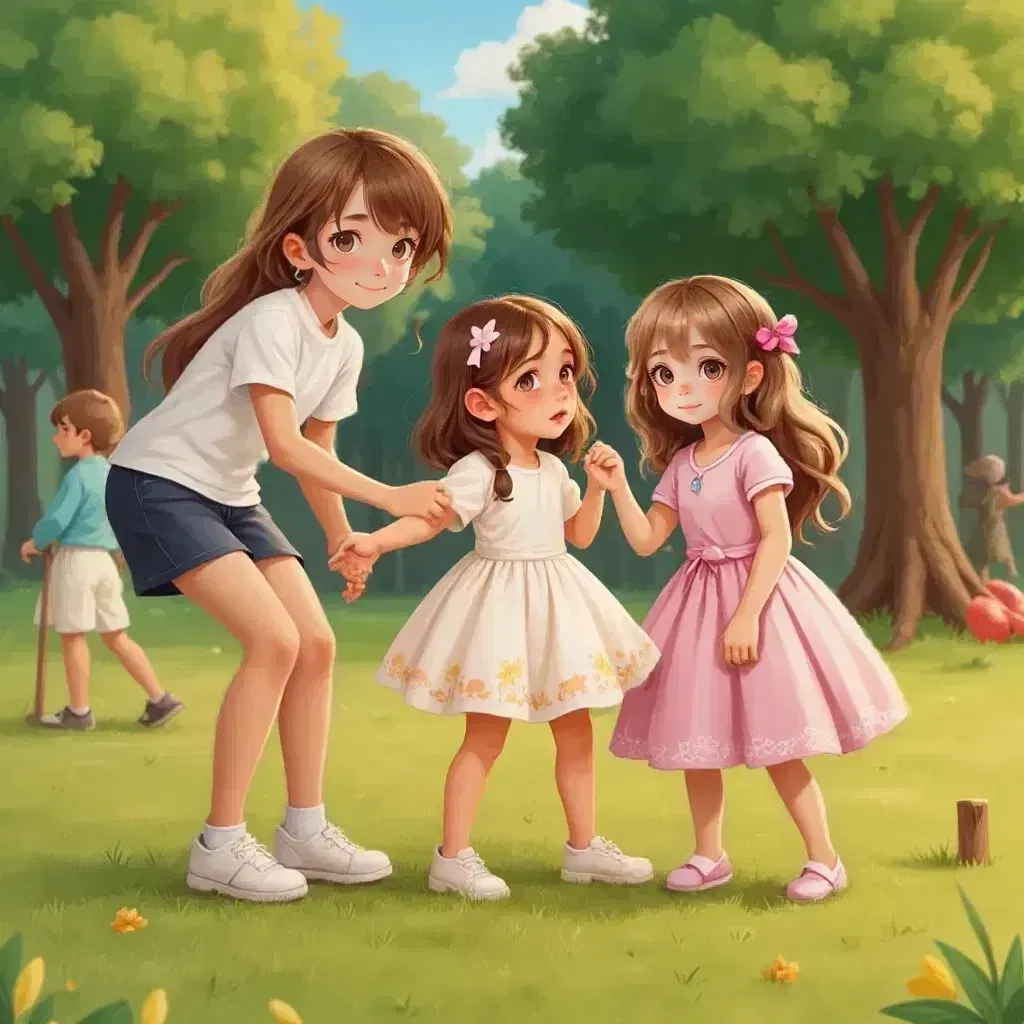 Reign encouraging Lillie and Jane to stand up after a fall, with a game setup nearby