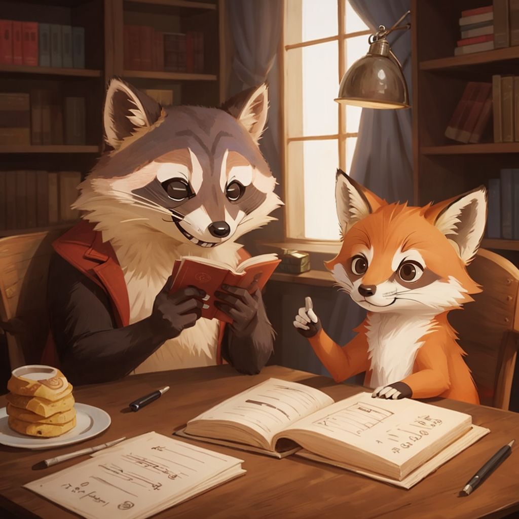 Rose the raccoon smiling as she reads a note from her mom, with Frederick the fox offering cookies