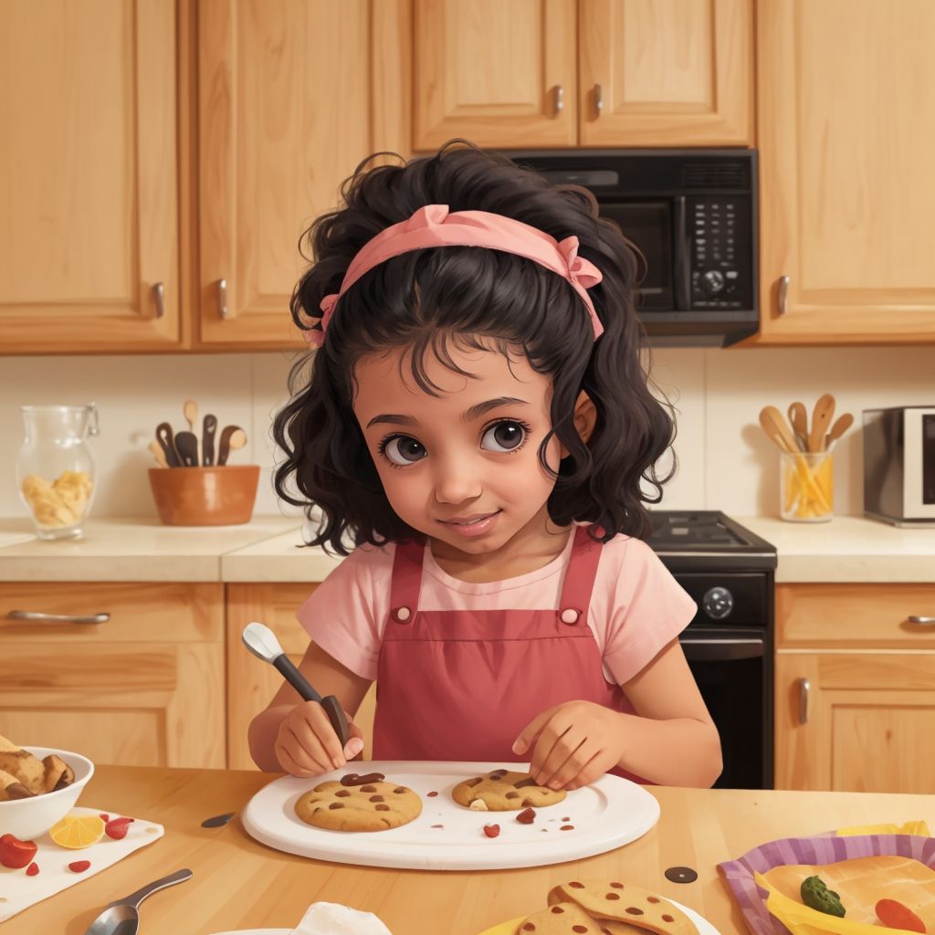 Mayar in a kitchen, carefully decorating cookies with a look of concentration