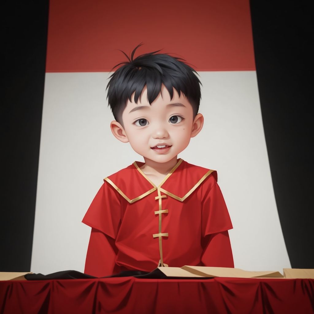 Mac on stage in his school play, with his red costume peeking out, looking confident and happy.