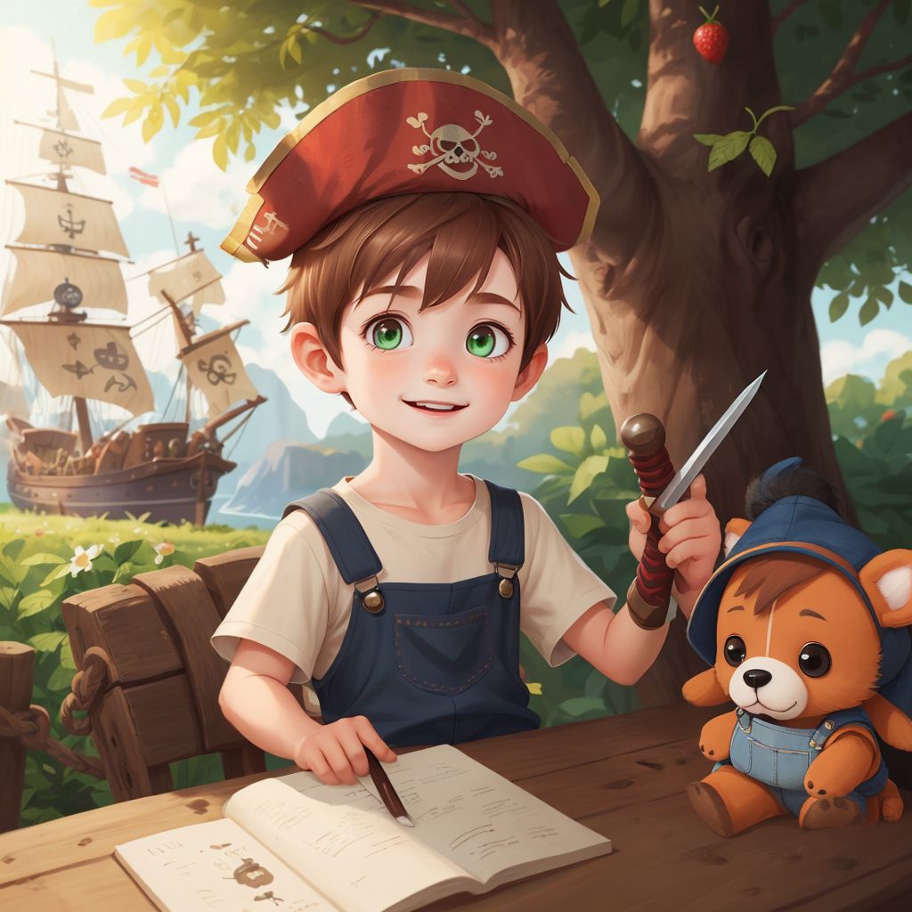 Little Larry wearing an imaginary pirate hat, holding a toy sword, with Droopy as his first mate on a backyard pirate ship