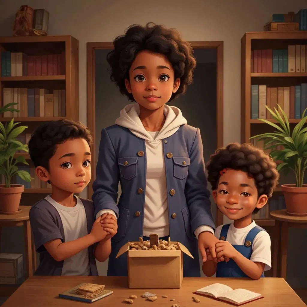 Mama Zee holding hands with Malachi and Amara, all three with peaceful expressions. The mysterious box and its contents displayed on a table nearby.