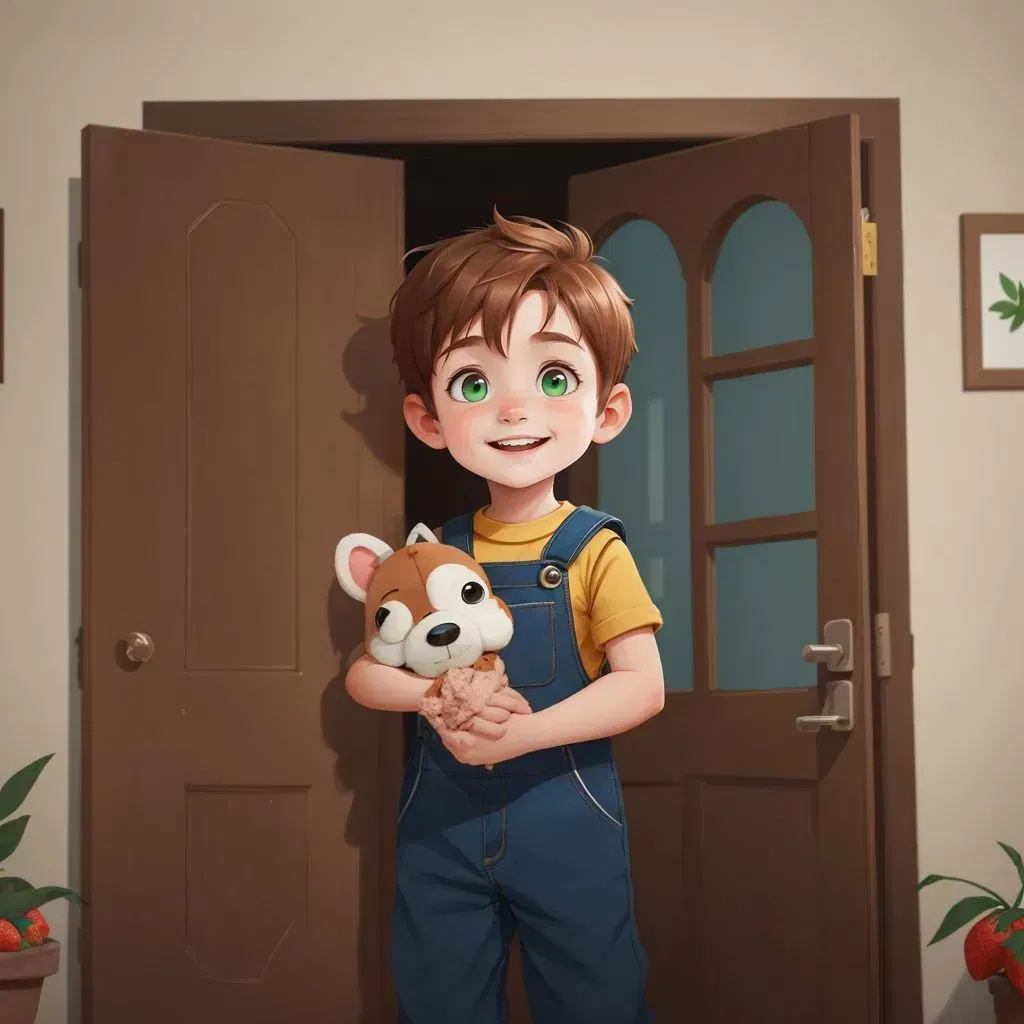 Little Larry with a big smile, holding Droopy, a stuffed animal dog with brown fur and long ears, wearing blue overalls, standing at the door ready for adventure