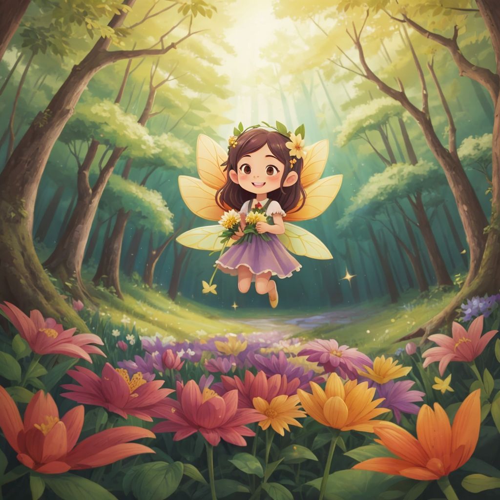 The Flower Fairy spreading magic, creating a trail of colorful blooming flowers behind her as she flies through a dense forest. Magical sparkles in the air.