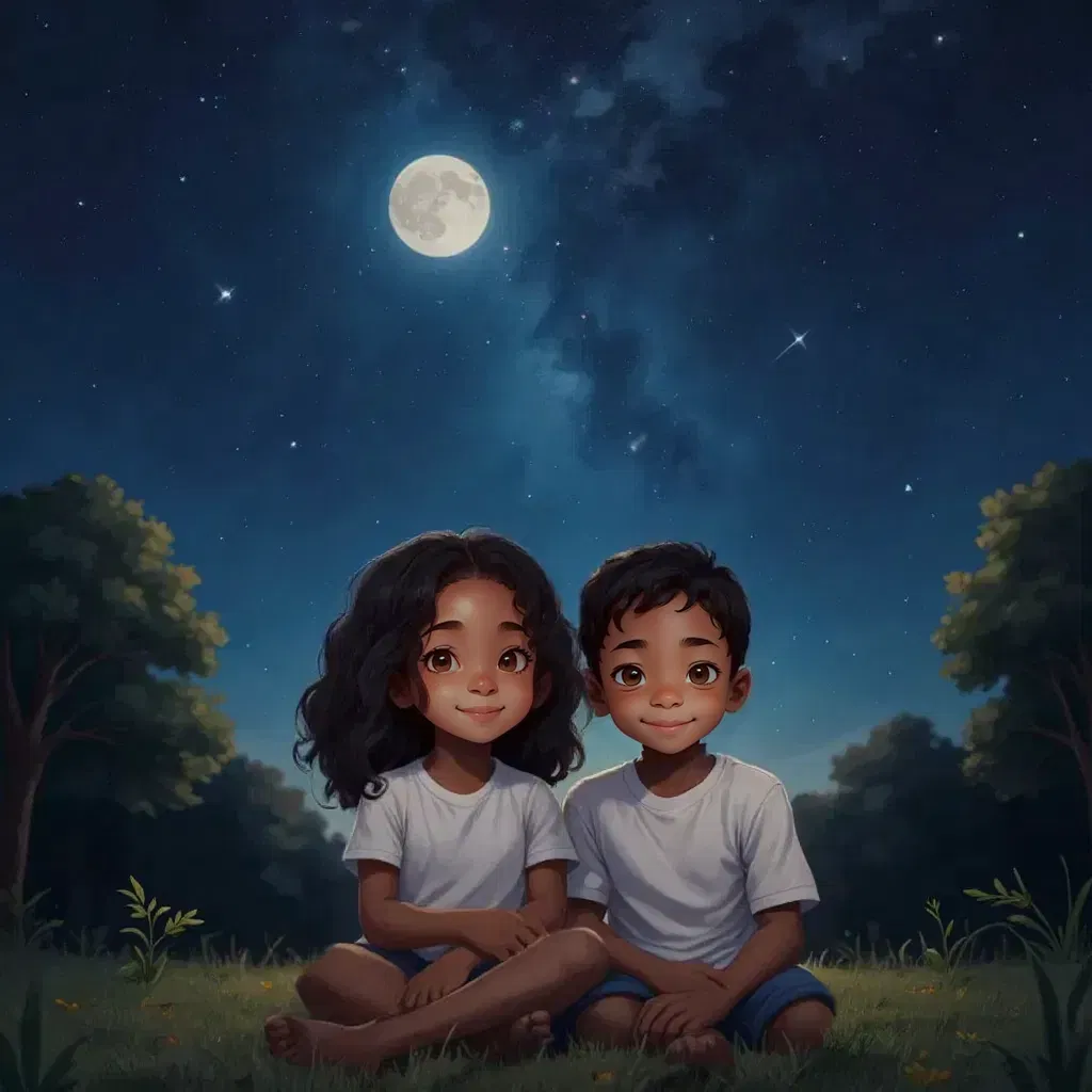 Simone and Calvin sitting under a wide, starlit sky, looking content and serene, with a silhouette of trees in the background