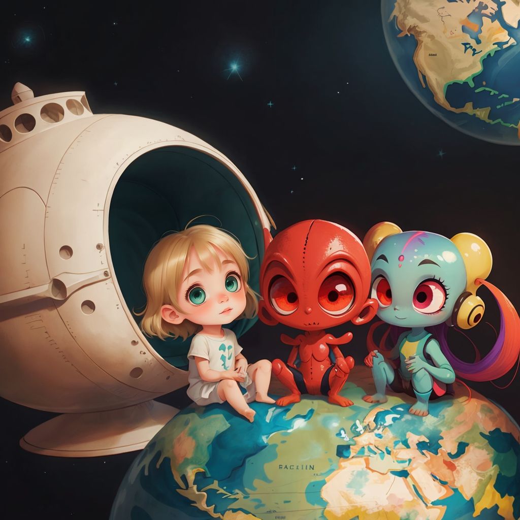 Aria hugging Pip and Mella goodbye near the silver spaceship, the Earth visible in the starry background.