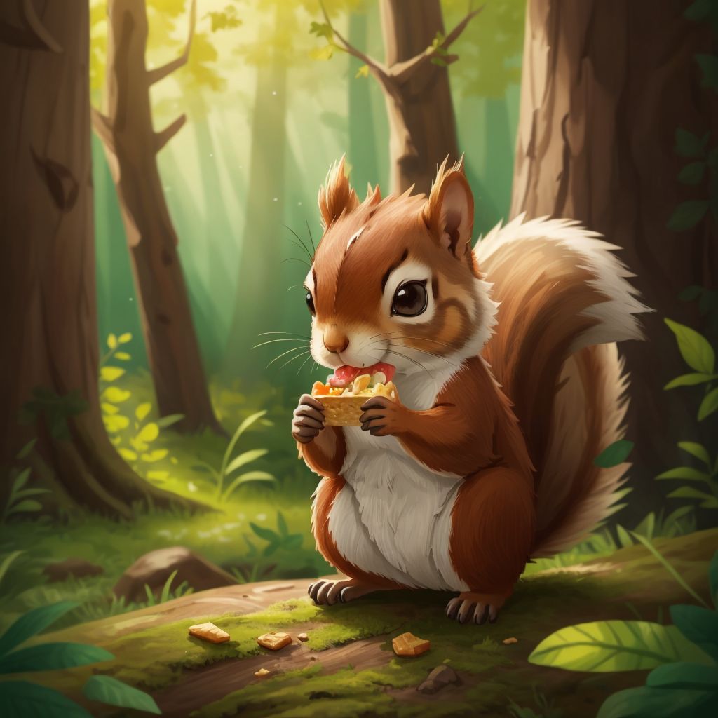 A squirrel nibbling on a piece of snack with a forest background