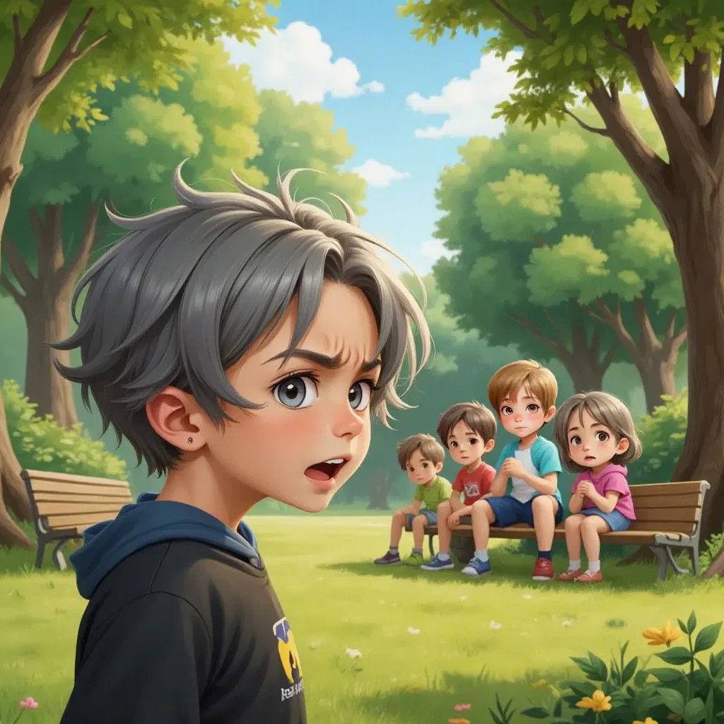 Artem with a determined expression, surrounded by his friends in the park, preparing to face a mysterious threat