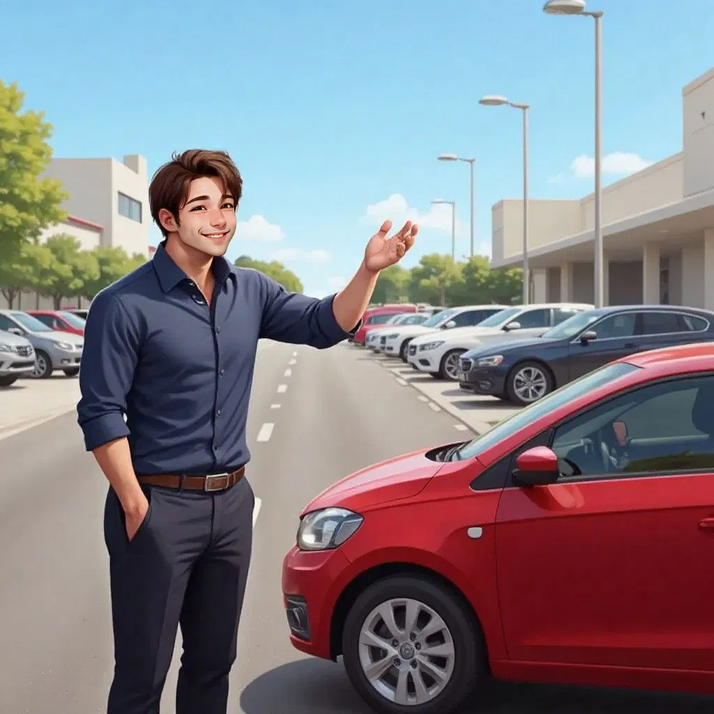 Francois at his car lot, excitedly showing a red car to a potential buyer, with the car lot in the background