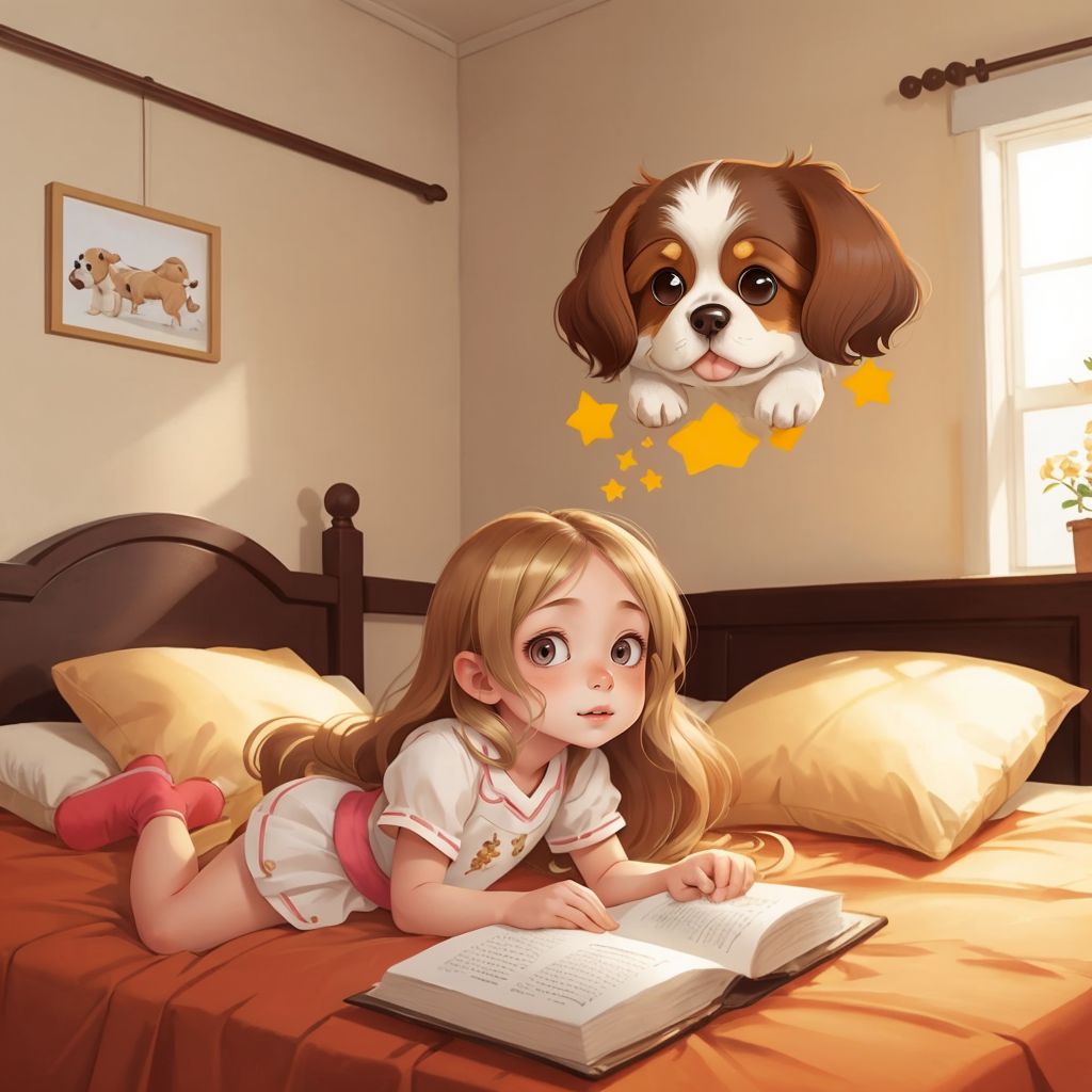 Penny lying in bed dreaming with a thought bubble showing Biscuit, a fluffy puppy with brown patches over his eyes, running through a field