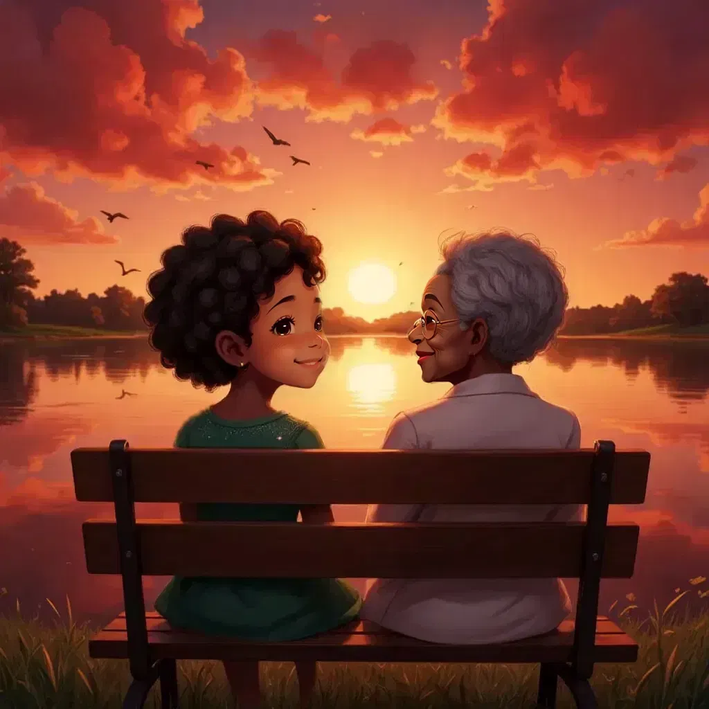 Zora and Grandma sitting together, watching a sunset with red and orange hues