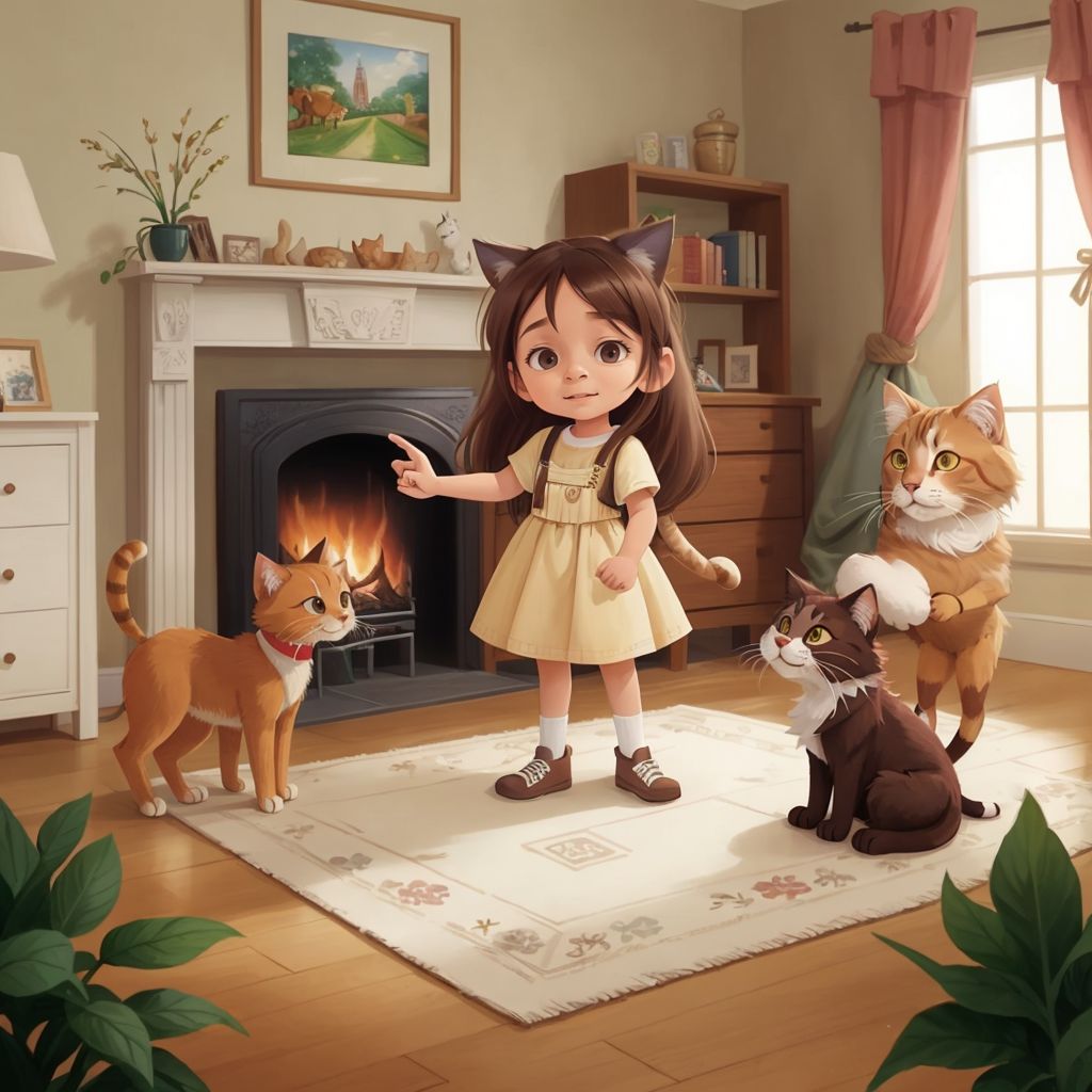 Mily 2 standing confidently, surrounded by furry friends, with Pinky the cat in the background.