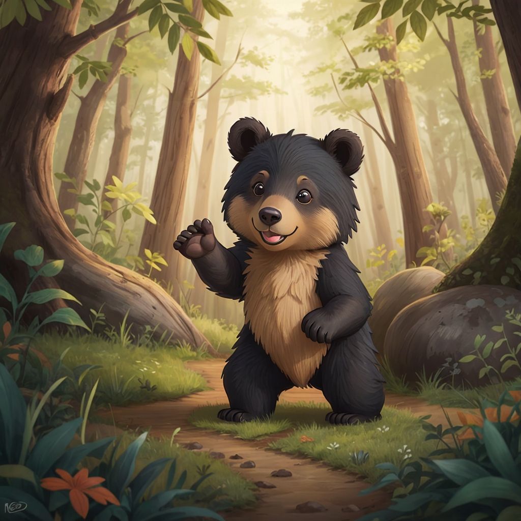 Jett waving goodbye with a happy expression, standing at the edge of the forest