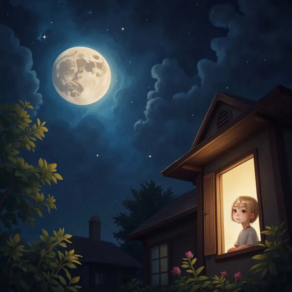 Luna twinkling brightly above Milo's house, with Milo looking up in wonder from his window.