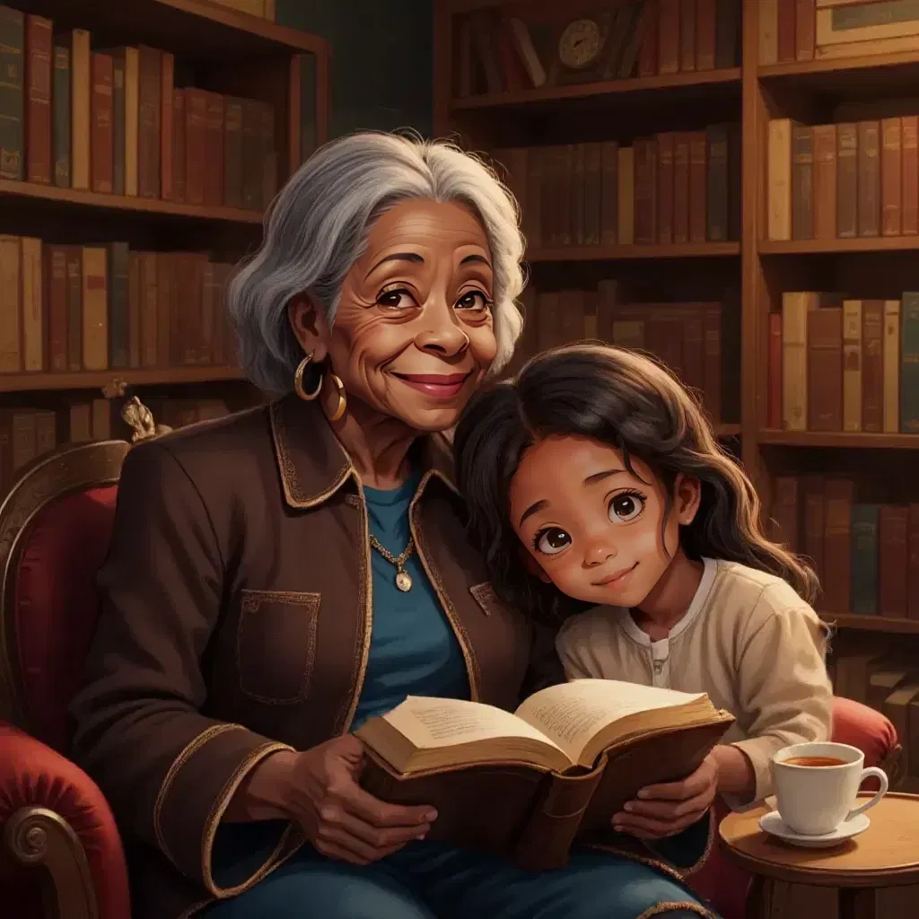 Mama Zee seated with an ancient leather-bound book in her lap, Amara leaning in close, listening intently. Bookshelves filled with old books in the background.