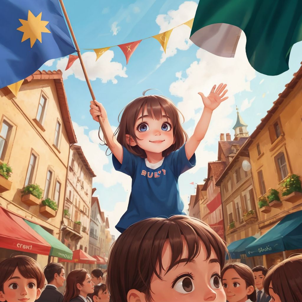 BESA smiling and looking up at waving flags in a busy city square