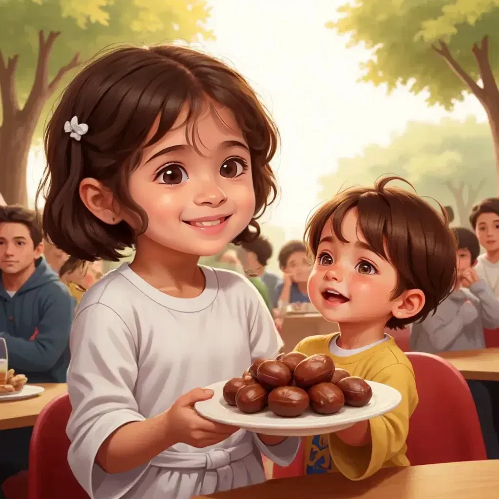 Dina standing next to Omar, offering her plate of dates with a kind smile, Omar looking up with excitement. dina hair is pigtails. dina wearing a dress. her hair is medium long  omar head is smaller than dina 