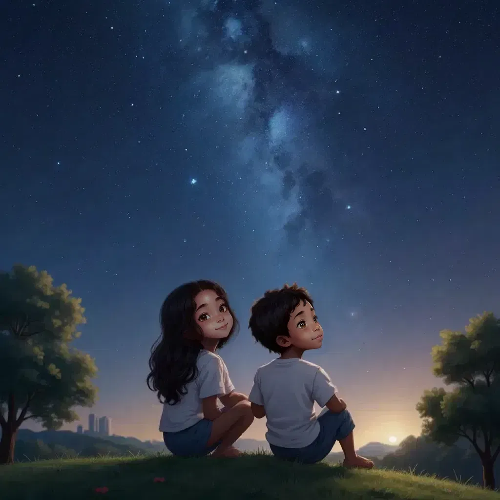 Simone and Calvin sitting on a grassy hill, gazing up at a sky full of twinkling stars with thoughtful expressions