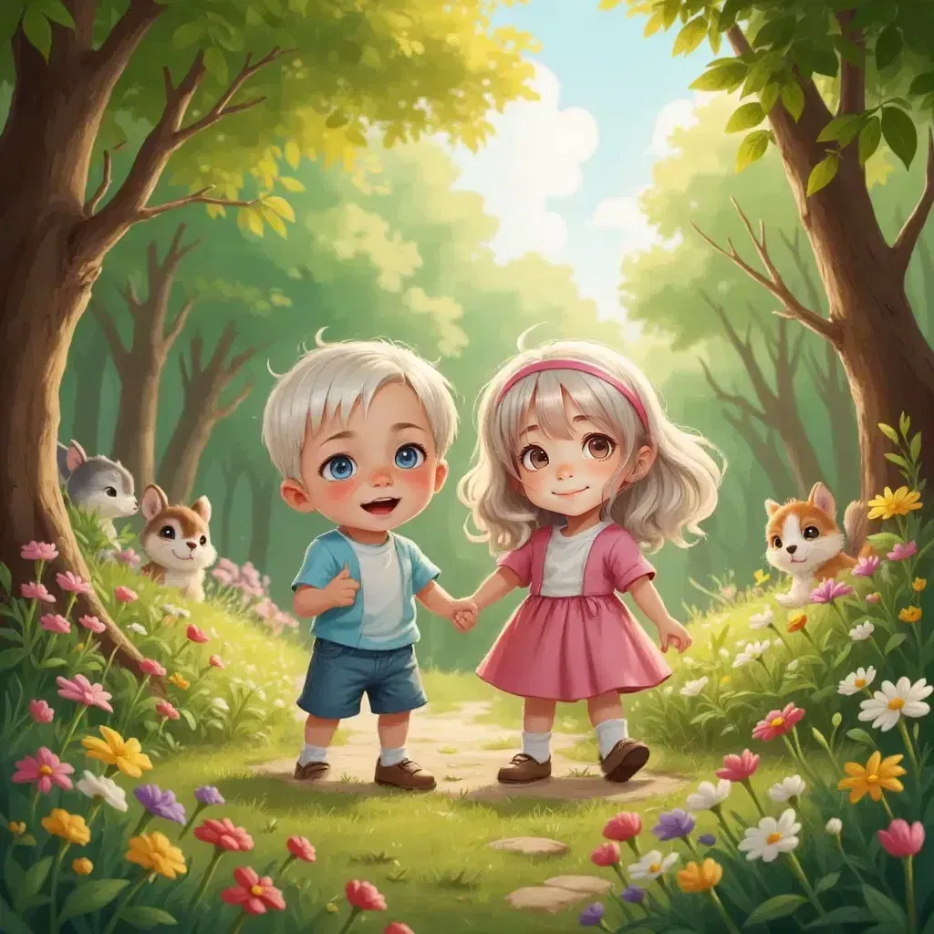 Isaac and Zoe exploring hidden trails with bright wildflowers, playful animals peeking from behind trees