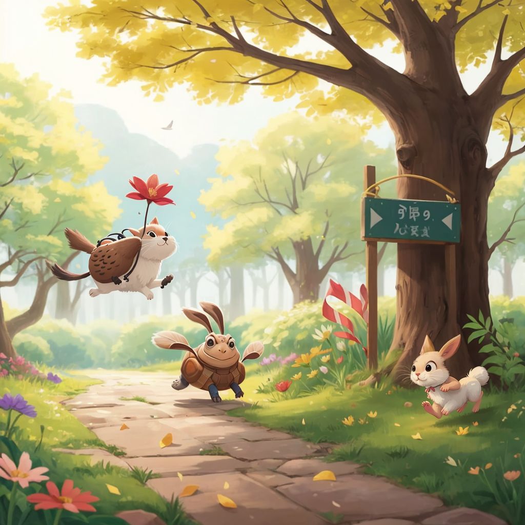 Turtle crosses a finish line marked with flowers and ribbons, just steps from the massive oak tree. Forest animals cheer wildly, some throwing flower petals. In the background, Rabbit sprints at full speed with a horrified expression, still far from the finish line. The oak tree towers majestically with a banner hanging from its lowest branch.