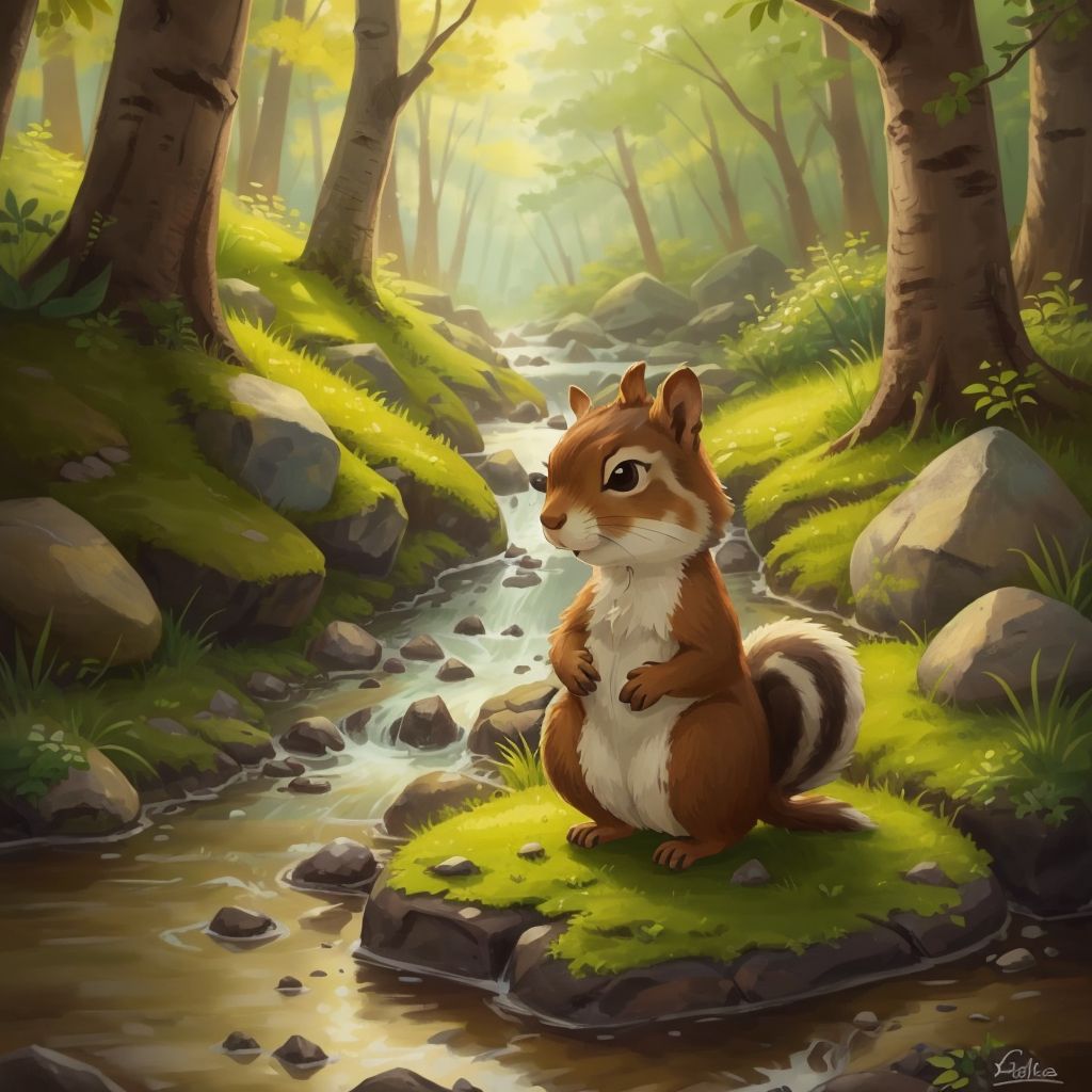 A friendly squirrel standing near a small stream with stones, looking back as if waiting for someone