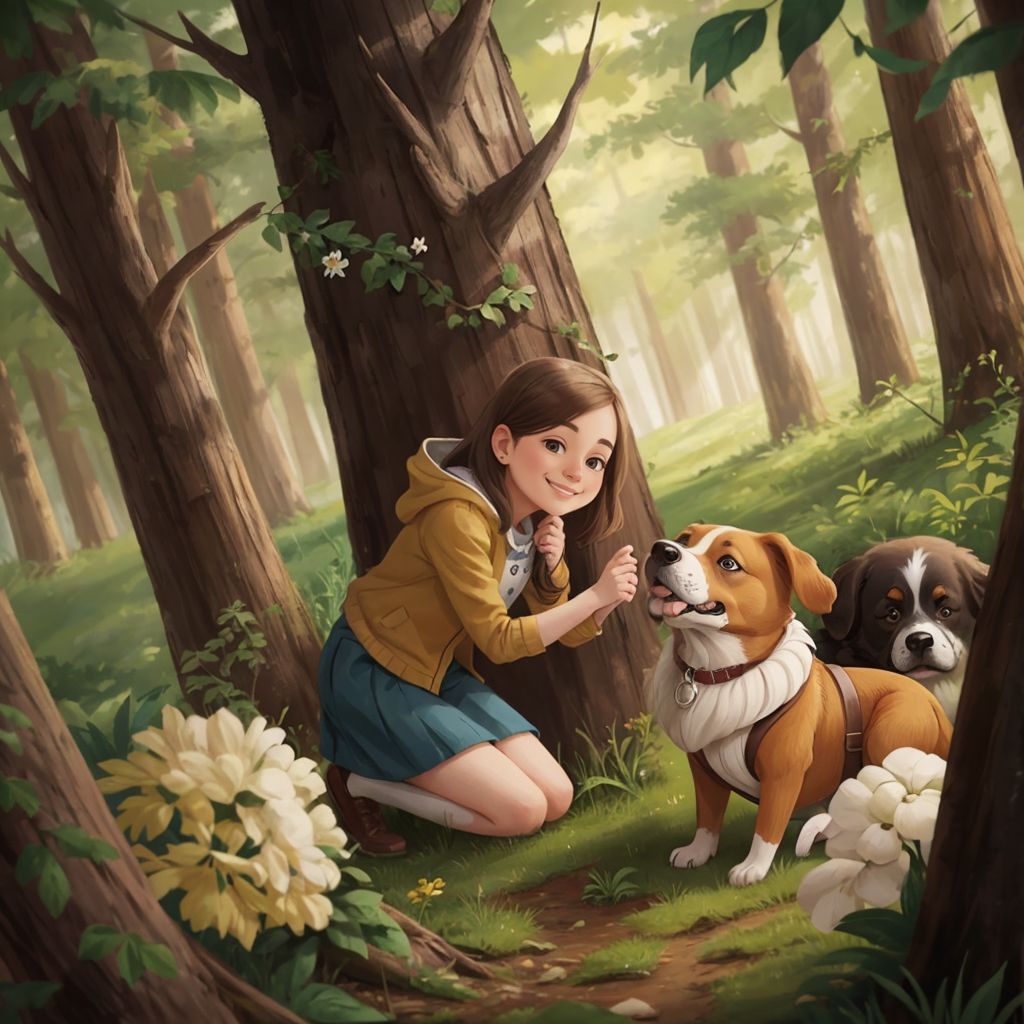A smiling young girl kneeling next to Buzzie Too (a brown and white terrier) in a forest clearing with colorful flowers and tall trees