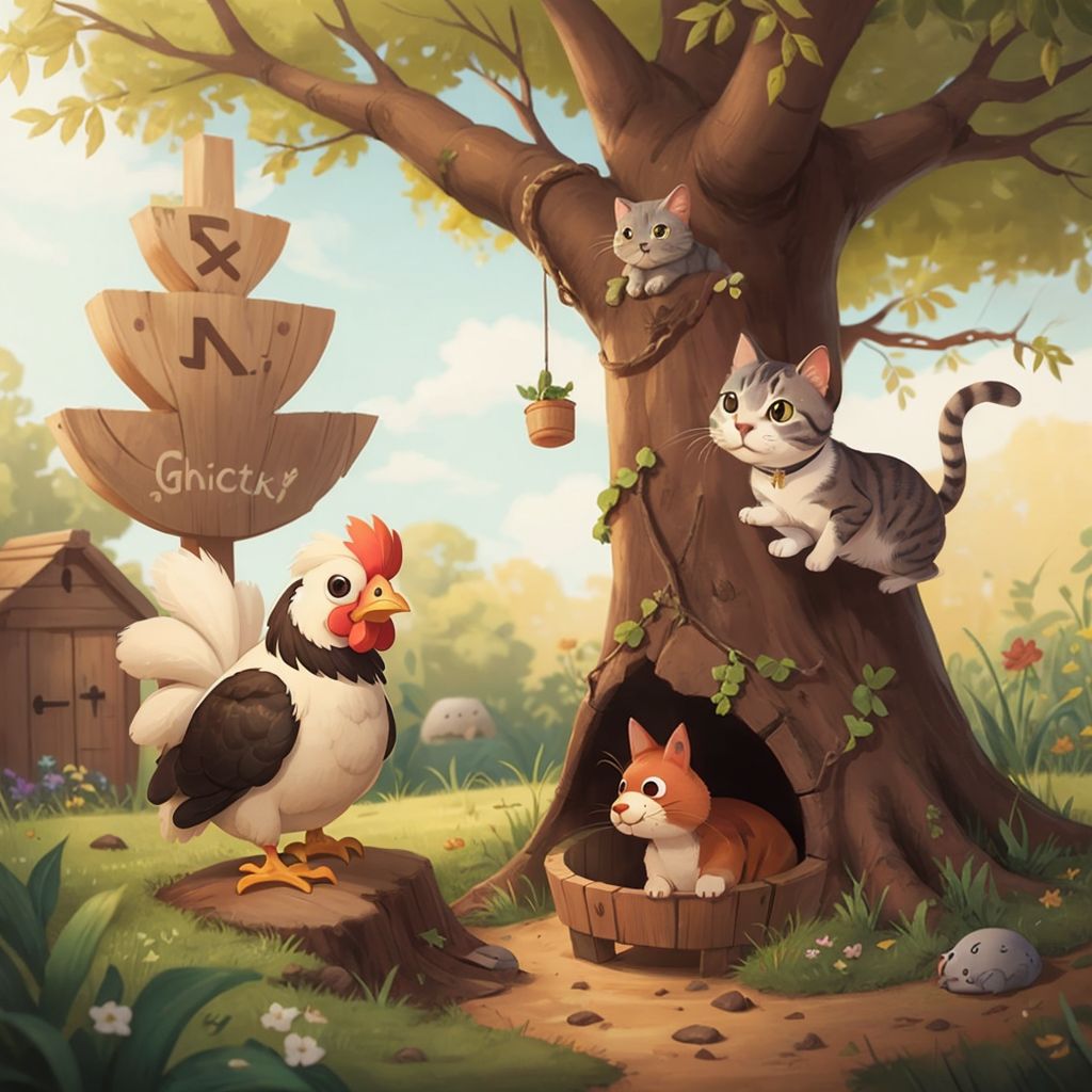 Greta the Chicken clucking bravely, Gruntik the Mole digging a tunnel, and Velvet the Cat perched on a tree branch, all in a yard with scattered items.