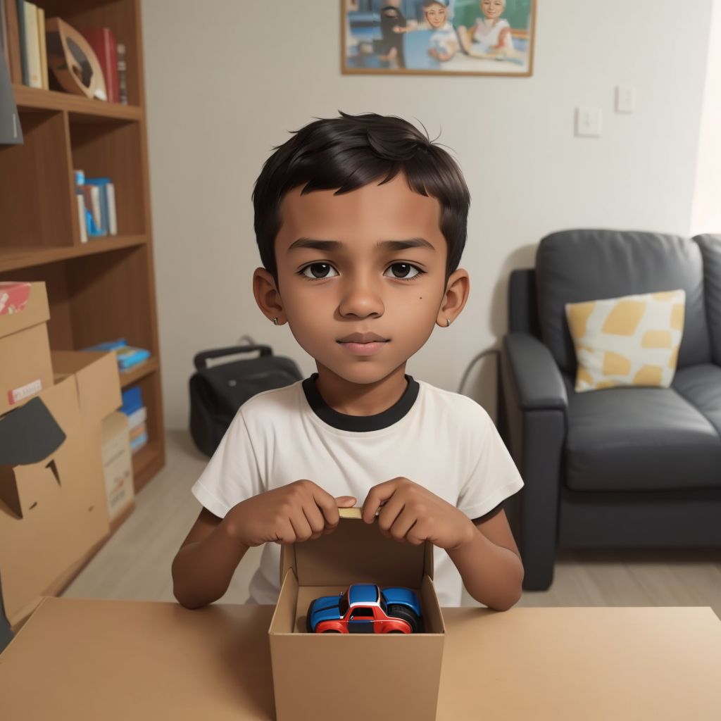 Adam opening a small box with a shiny new toy car inside, looking excited and grateful.