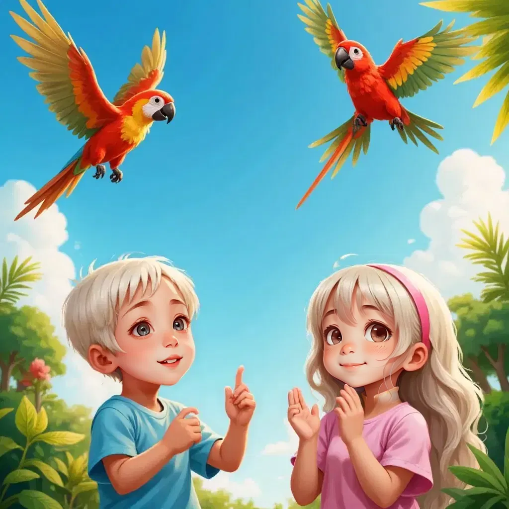 Bright parrots flying overhead, Isaac giggling and Zoe clapping her hands in amazement